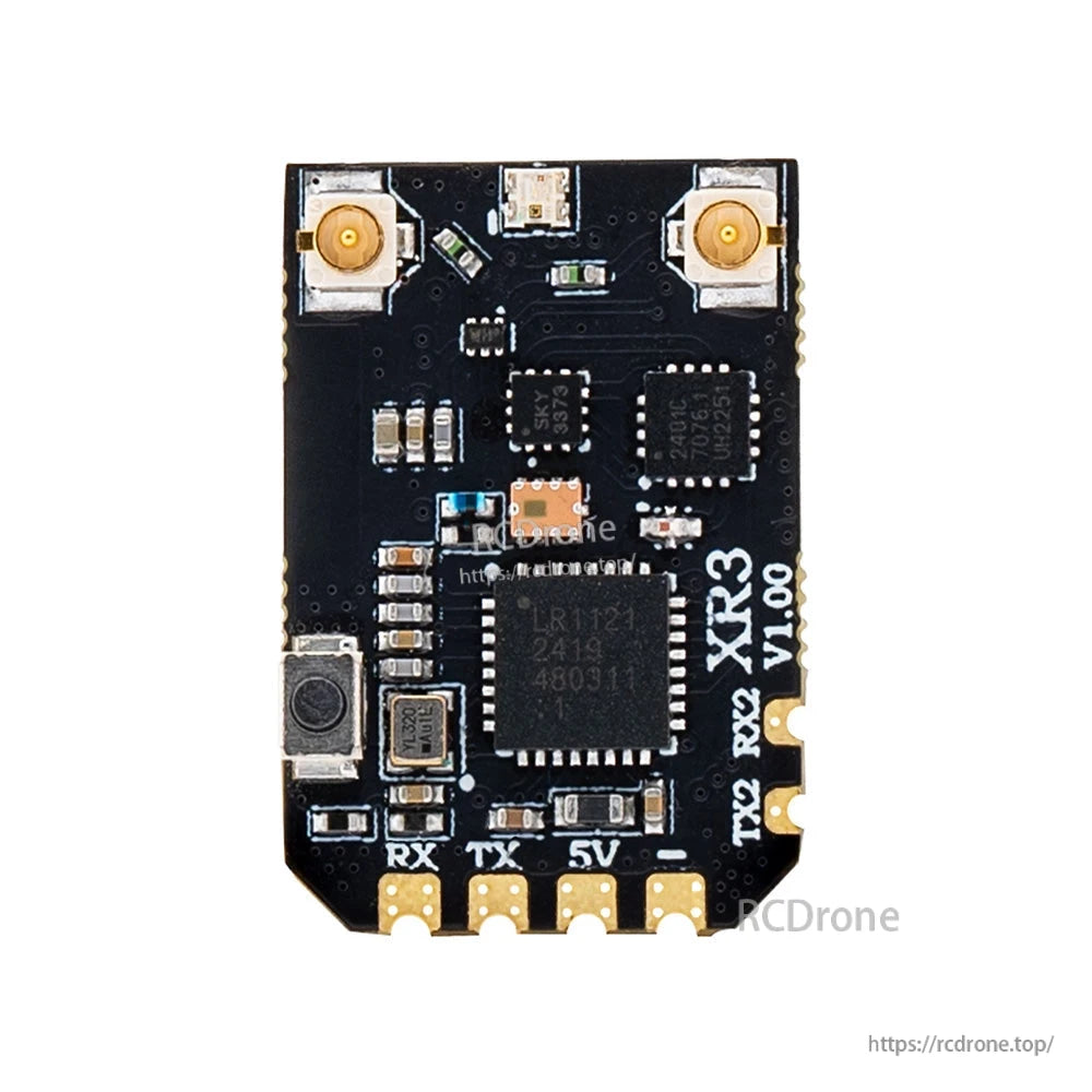 XR3 V1.00 receiver PCB close-up showing u.FL antenna ports, bind button, and RX/TX/5V pads
