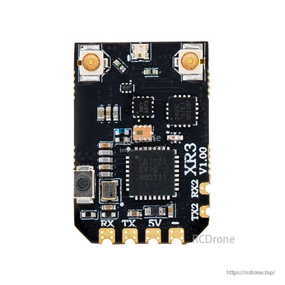 XR3 V1.00 receiver PCB close-up showing u.FL antenna ports, bind button, and RX/TX/5V pads