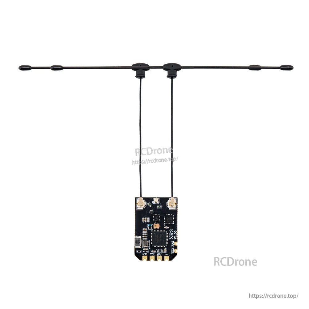 RadioMaster XR3 Nano ExpressLRS receiver with dual antennas, full-length top view