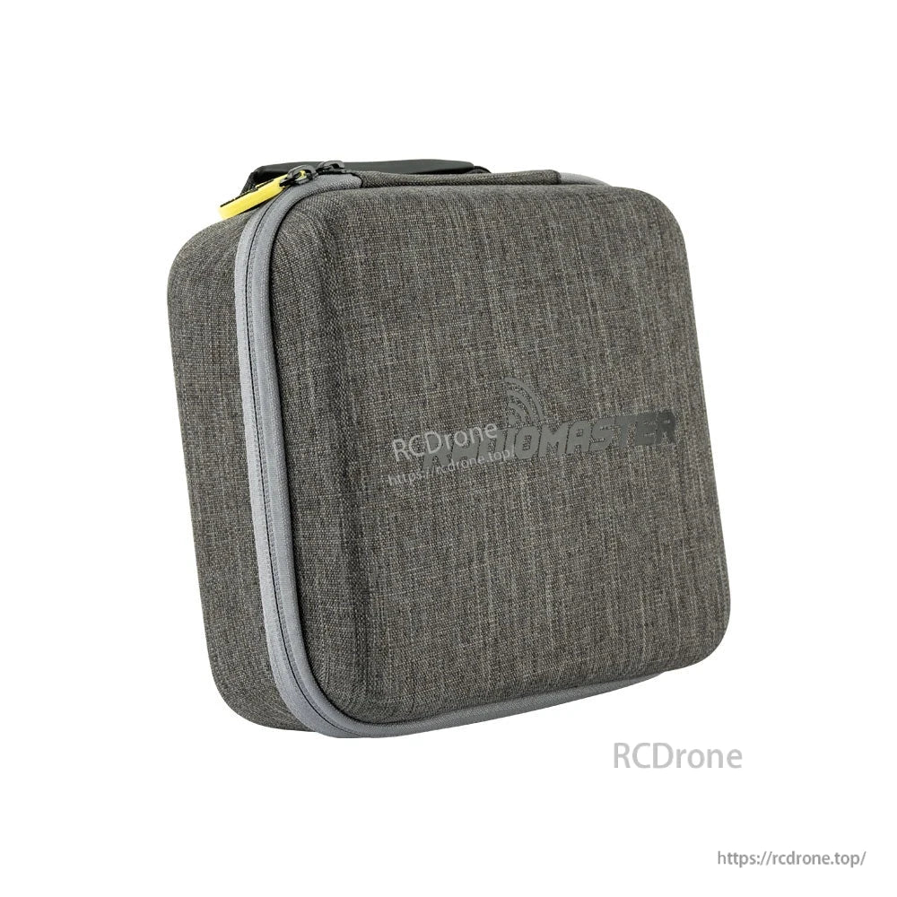 Side angle view of gray Zorro radio transmitter carrying case showing zipper seam