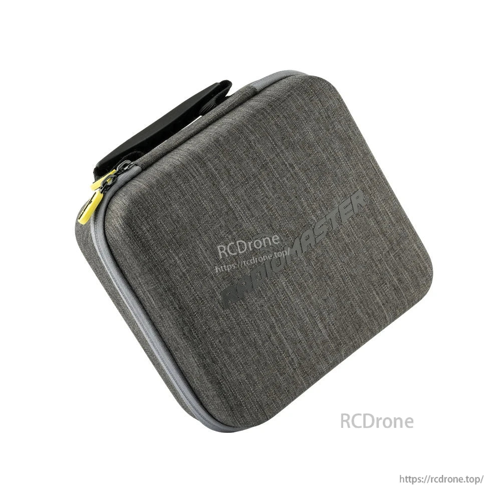 Angled view of gray RadioMaster Zorro transmitter case with zipper and carry handle