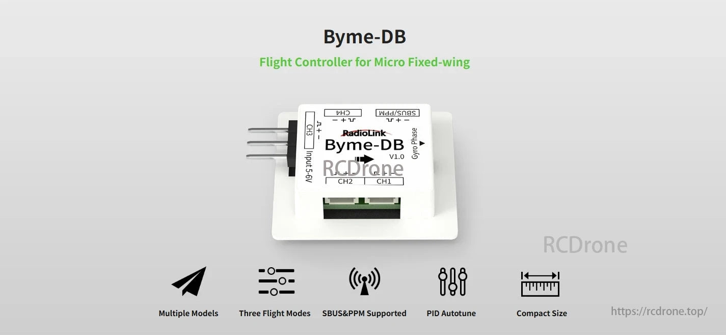 RadioLink Byme-DB flight controller for micro fixed-wing aircraft offers multiple models, three flight modes, SBUS&PPM support, PID autotune, and compact design.