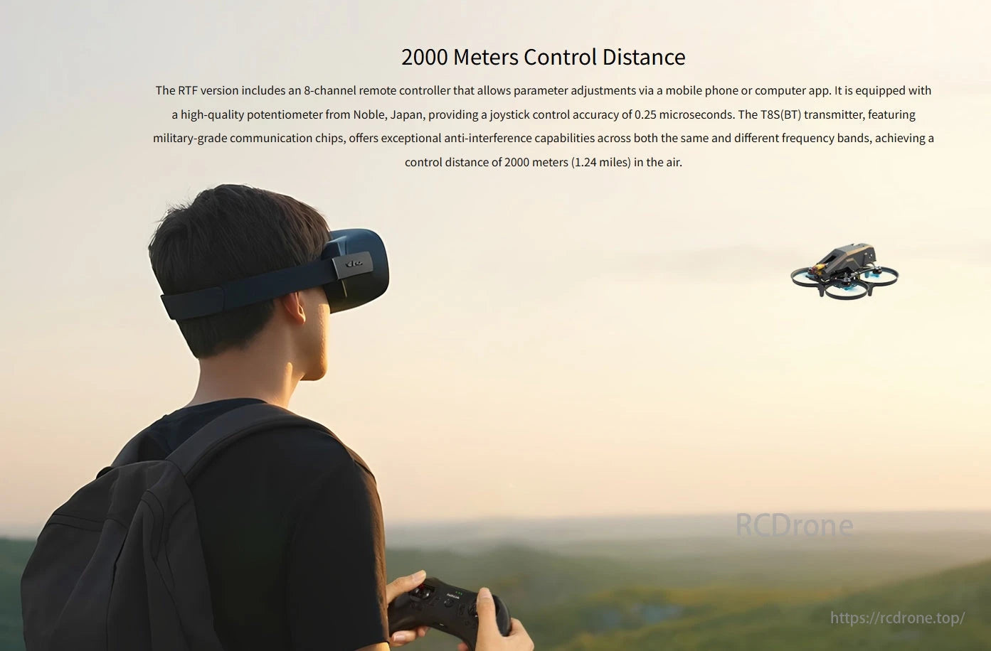 Radiolink F108 165g Optical Flow FPV, The T8S(BT) transmitter offers a 2000-meter control range, military-grade chips, anti-interference, Japanese potentiometer for precise joystick control, and RTF version with 8-channel remote and VR compatibility.