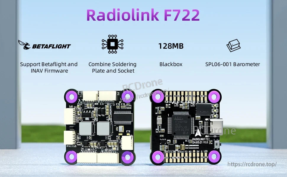 Radiolink F7 F722 8CH Flight Controller, F722 flight controller with 128MB blackbox, SPL06-001 barometer, supports Betaflight and INAV; includes soldering plate and socket. (24 words)