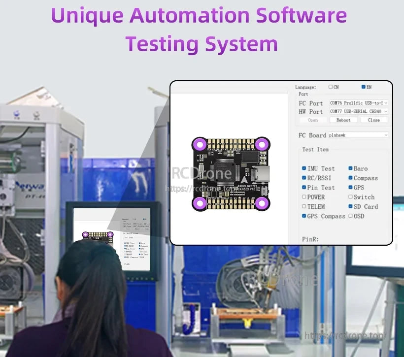 Radiolink F7 F722 8CH Flight Controller, Automated drone testing system with Pixhawk FC board, testing IMU, GPS, compass, and more via COM76/COM77 ports in English.
