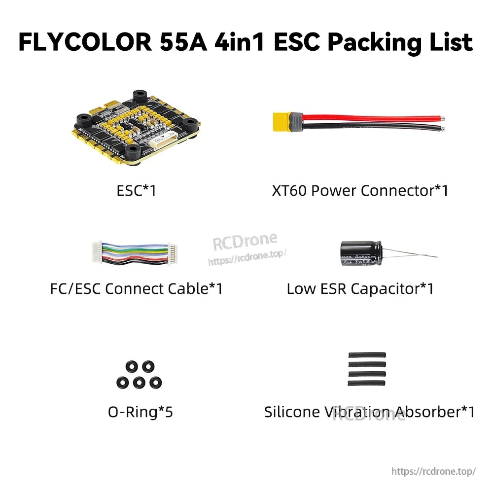 Radiolink F7 F722 8CH Flight Controller, FLYCOLOR 55A 4in1 ESC kit includes ESC, XT60 connector, FC/ESC cable, capacitor, O-rings, and silicone vibration absorber for drone builds.