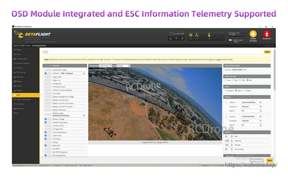Radiolink F7 F722 8CH Flight Controller, OSD module with ESC telemetry for F7 controller; displays flight data, video, and settings via Betaflight, featuring profiles, video options, timers, alarms, and real-time telemetry.