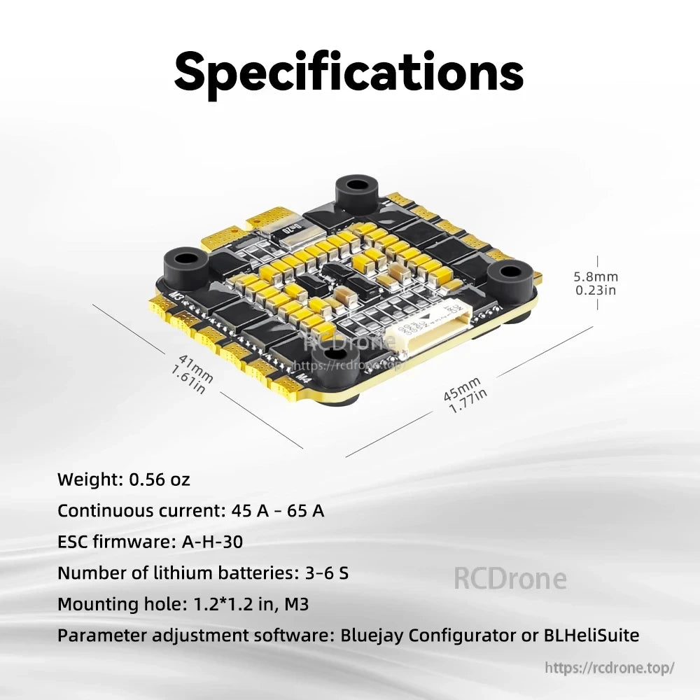 Radiolink F7 F722 8CH Flight Controller, Flight controller: 0.56 oz, 45-65A, 3-6S LiPo, A-H-30 firmware, M3 mount, Bluejay/BLHeliSuite compatible; dimensions 41x45x5.8mm.