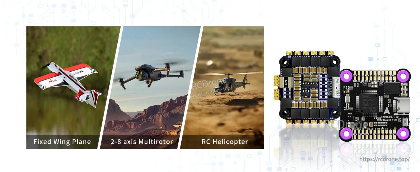 The Radiolink F7 F722 8CH flight controller supports fixed-wing, multirotor, and RC helicopter use, offering versatile performance for various drone types.