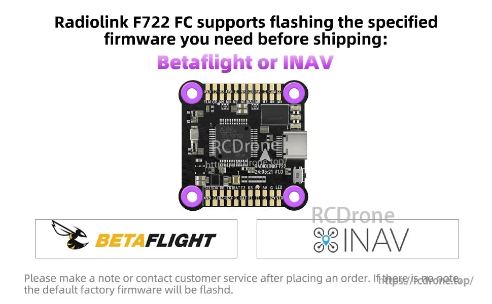 Radiolink F7 F722 8CH Flight Controller, The Radiolink F722 FC supports Betaflight or INAV; specify preference before shipping, or it ships with default firmware. Contact customer service if needed.