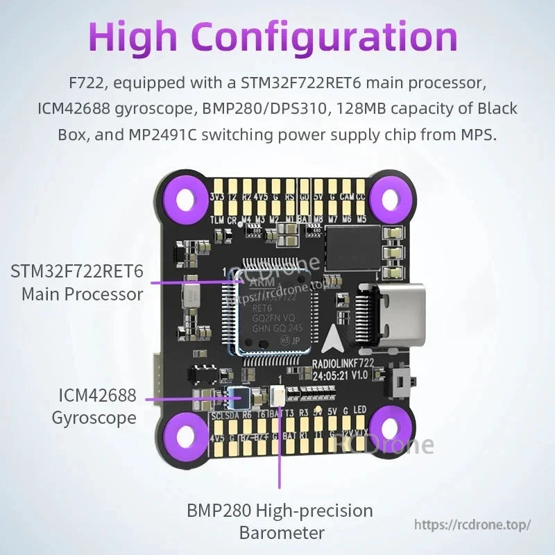 Radiolink F7 F722 8CH Flight Controller, F722 flight controller features STM32F722RET6, ICM42688 gyro, BMP280 barometer, 128MB Black Box, MP2491C power chip, supports SBUS/CRSF, 3–6S, 30.5x30.5mm.