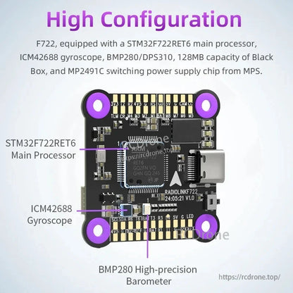 Radiolink F7 F722 8CH Flight Controller, F722 flight controller features STM32F722RET6, ICM42688 gyro, BMP280 barometer, 128MB Black Box, MP2491C power chip, supports SBUS/CRSF, 3–6S, 30.5x30.5mm.