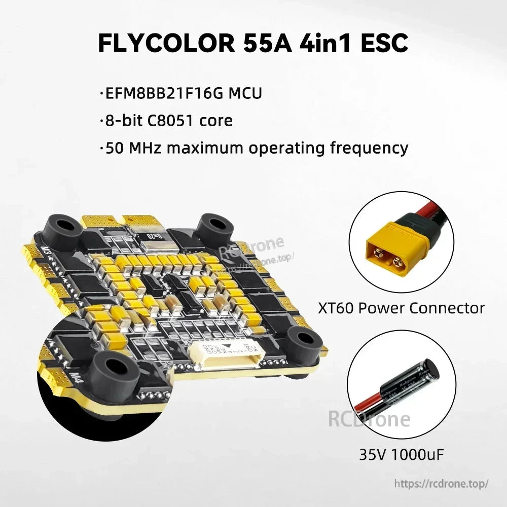 Radiolink F7 F722 8CH Flight Controller, FLYCOLOR 55A 4-in-1 ESC features EFM8BB21F16G MCU, 8-bit C8051 core, 50 MHz, XT60 connector, and 35V 1000uF capacitor for high-performance drone applications.