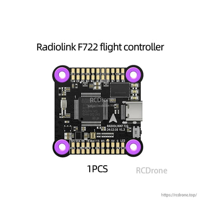Radiolink F7 F722 8CH Flight Controller, F722 8CH flight controller, 30.5x30.5mm, supports SBUS/CRSF, 3–6S, includes OSD and 55A 4-in-1 ESC.