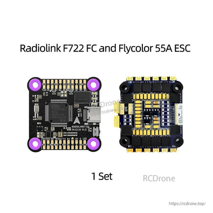 Radiolink F7 F722 8CH Flight Controller, F722 flight controller and 55A ESC stack, 3–6S, 30.5x30.5mm, supports SBUS/CRSF, 8CH with OSD included.