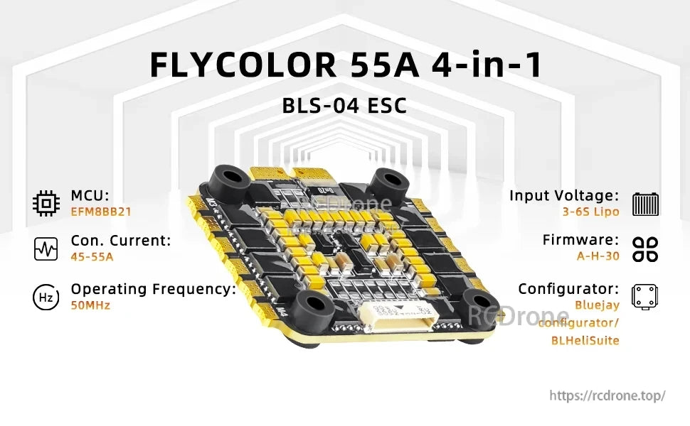 Radiolink F7 F722 8CH Flight Controller, FLYCOLOR 55A 4-in-1 ESC features EFM8BB21 MCU, 45-55A current, 3-6S LiPo input, A-H-30 firmware, supports Bluejay/BLHeliSuite, 50MHz frequency.