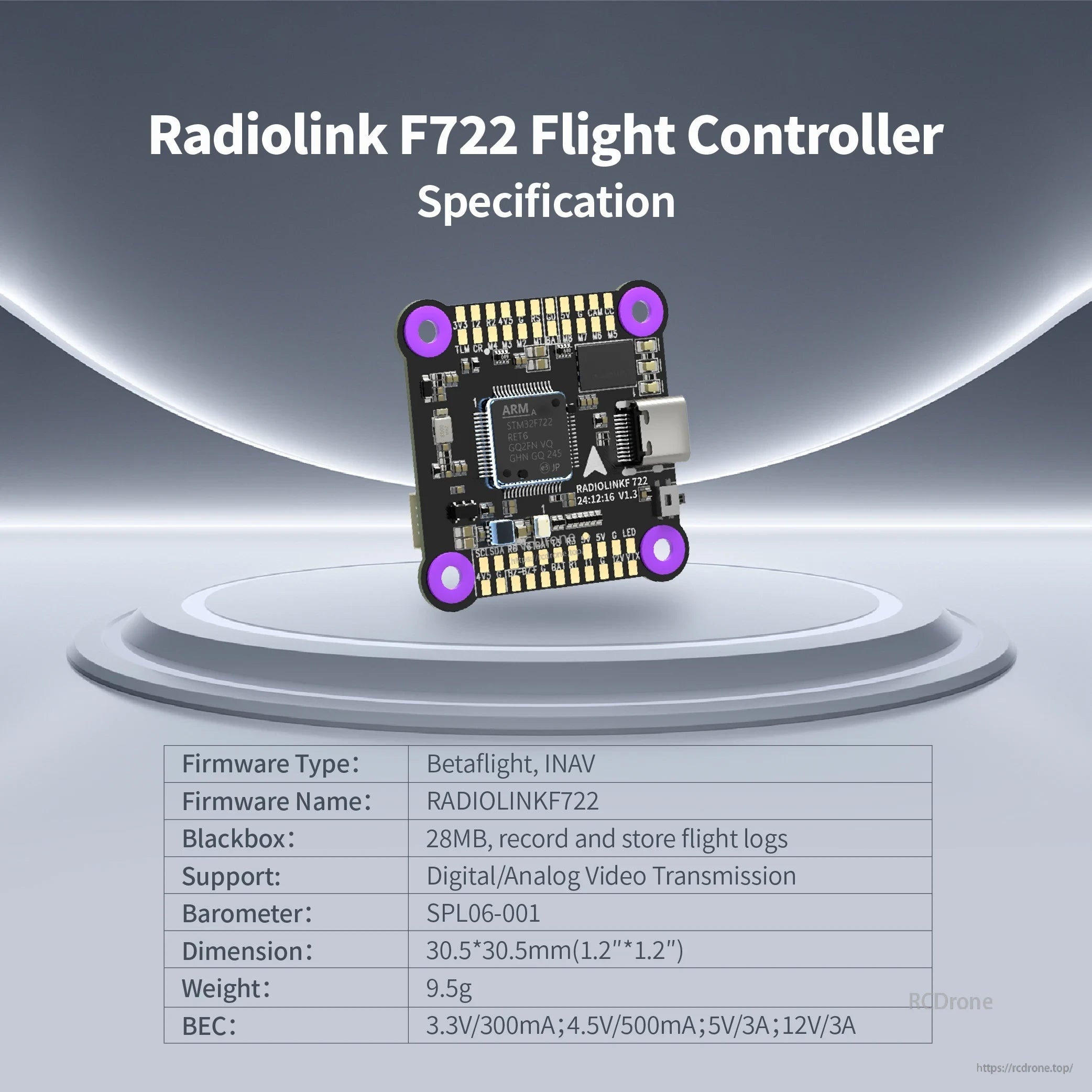 Radiolink F7 F722 8CH Flight Controller, F722 flight controller supports Betaflight/INAV, 28MB blackbox, digital/analog video, barometer; 30.5x30.5mm, 9.5g, with multi-voltage BEC outputs.