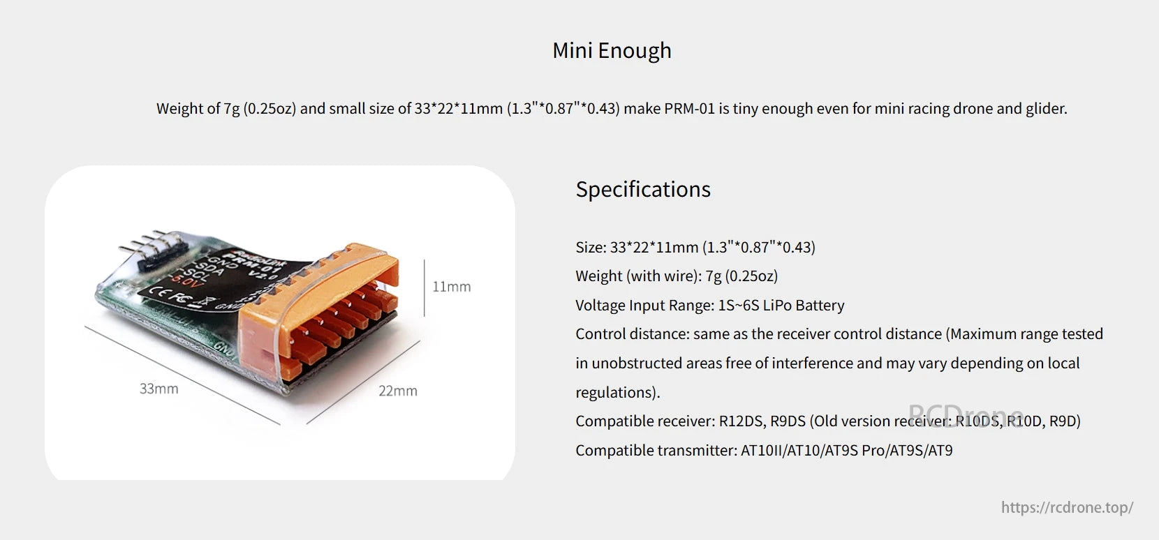 Mini RadioLink PRM-01 voltage telemetry: 7g, 33x22x11mm. Supports 1S-6S LiPo, works with R12DS/R9DS receivers and AT10II/AT10 transmitters. Perfect for mini drones.