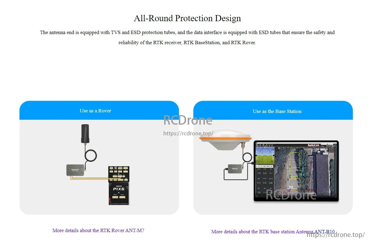 Radiolink RTK F9P Centimeter-Level GPS, The device offers comprehensive protection with TVS and ESD safeguards, functions as a Rover or Base Station, and ensures precise GPS performance.