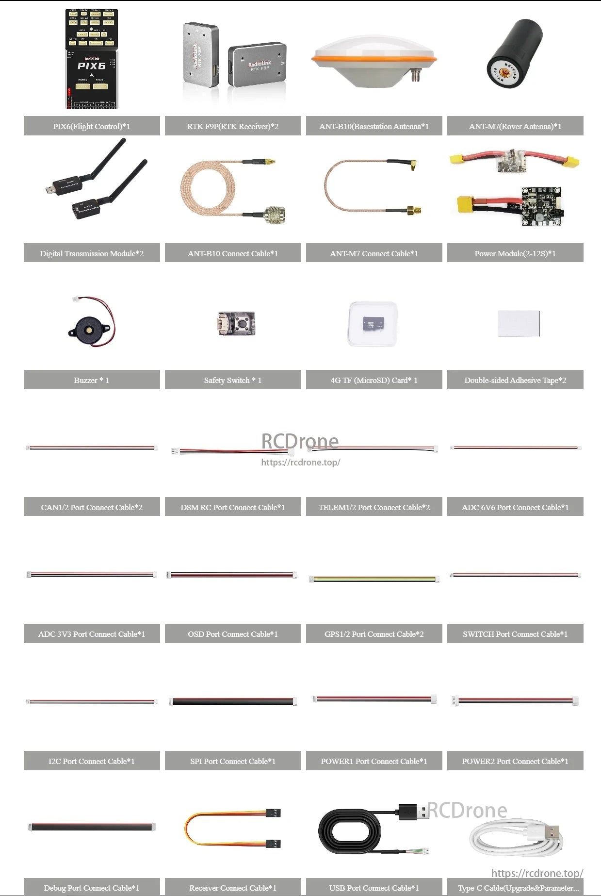 Radiolink RTK F9P Centimeter-Level GPS, The Radiolink RTK F9P kit includes flight control, RTK receivers, antennas, cables, power module, buzzer, safety switch, 4G TF card, and port cables for enhanced GPS performance.