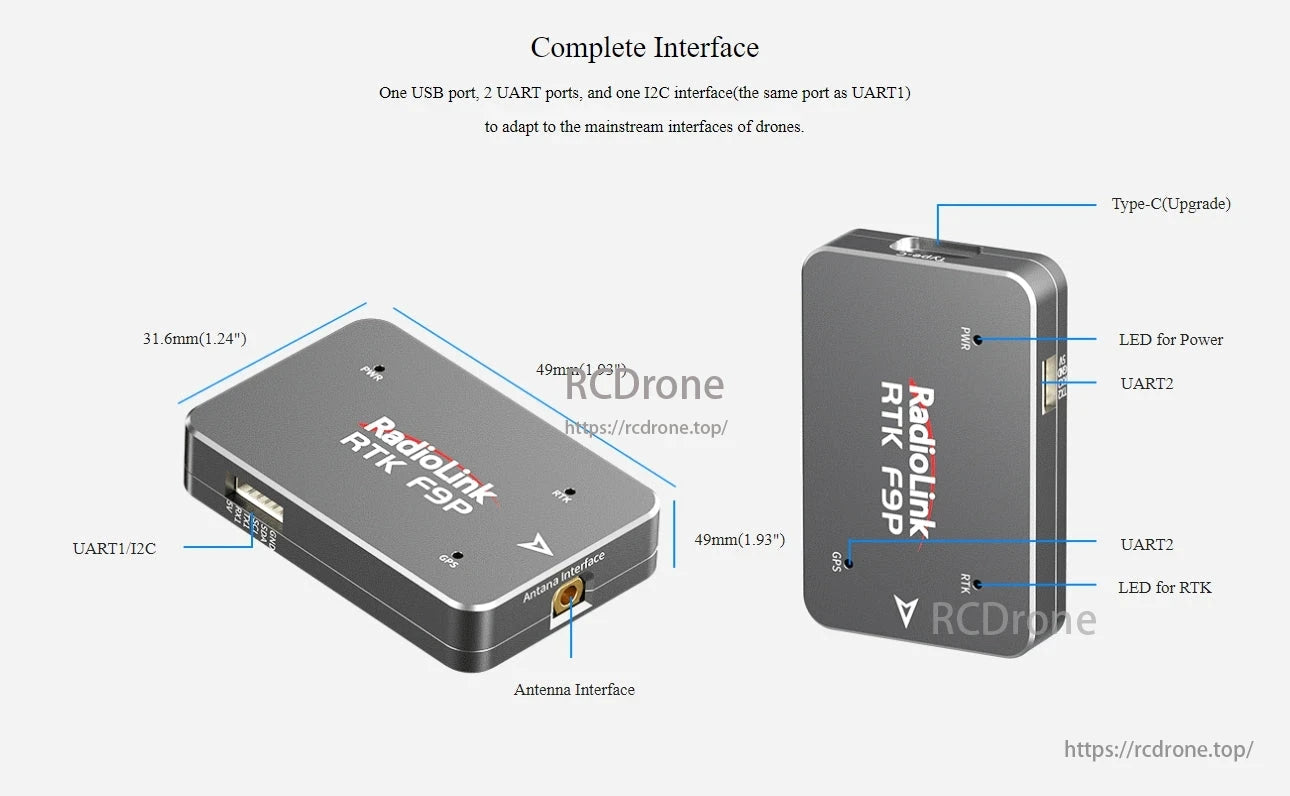 Radiolink RTK F9P Centimeter-Level GPS, Radiolink RTK F9P offers centimeter-level GPS precision in a compact 31.6mm x 49mm design, featuring USB, UART ports, I2C interface, and compatibility with mainstream drone systems for high-accuracy applications.