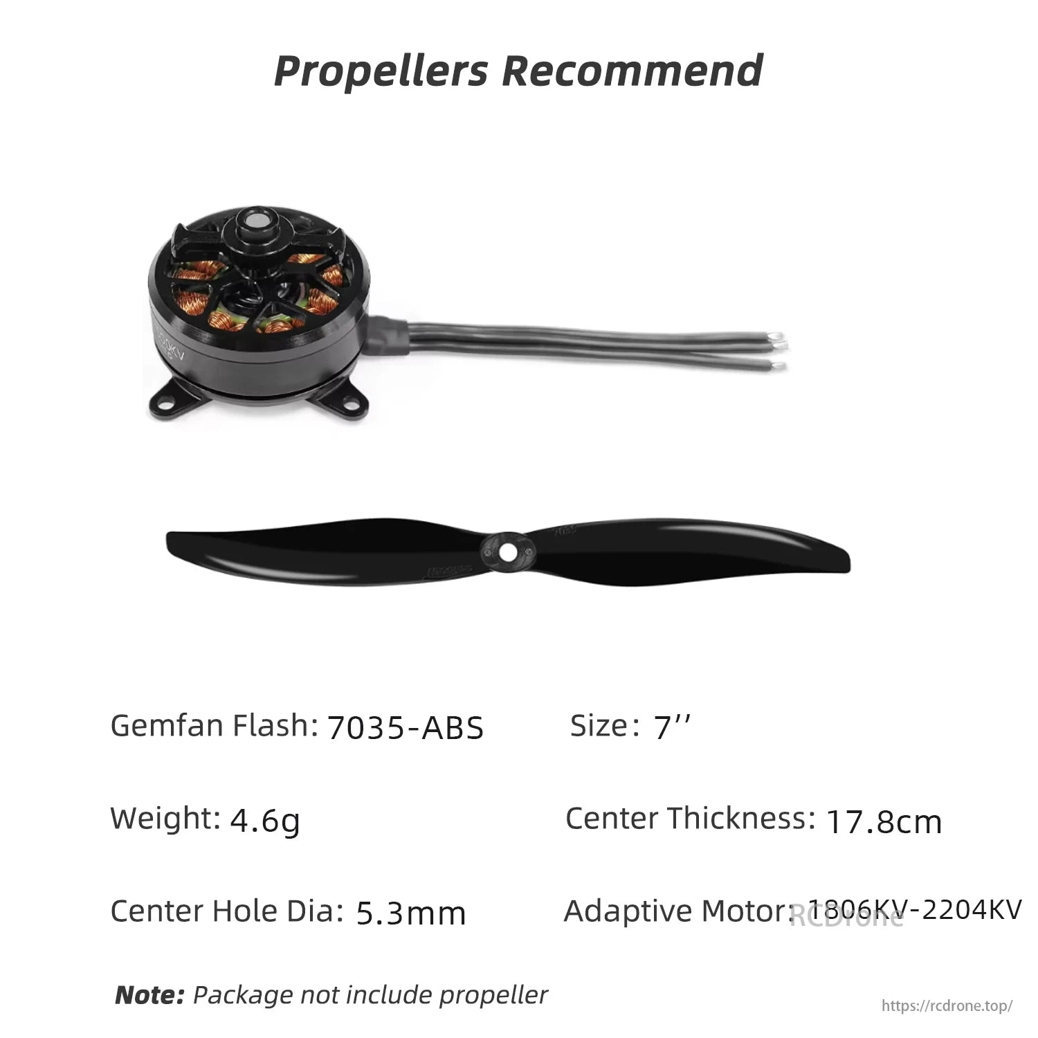 Radiolink SZ-SPEED 2204 1600KV Brushless Motor, Recommended propeller: Gemfan Flash 7035-ABS. Adaptive Motor: 1806KV-2204KV. Package excludes propeller.