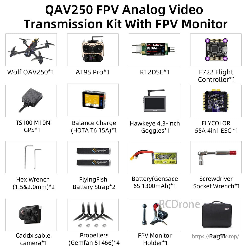 Radiolink Wolf QAV250 GPS FPV, The Wolf QAV250 FPV kit includes a drone, transmitter, receiver, flight controller, GPS, charger, goggles, ESC, tools, battery, camera, props, monitor holder, and bag.