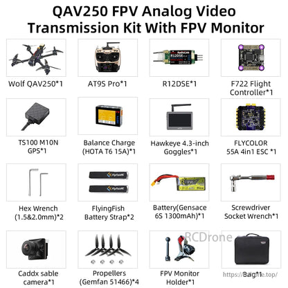 Radiolink Wolf QAV250 GPS FPV, The Wolf QAV250 FPV kit includes a drone, remote, receiver, flight controller, GPS, charger, goggles, ESC, tools, battery, camera, props, and monitor holder.