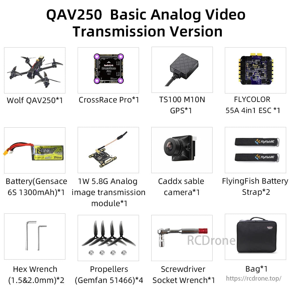 Radiolink Wolf QAV250 GPS FPV, The Wolf QAV250 GPS FPV racing drone kit includes a flight controller, GPS, ESC, battery, video transmitter, camera, props, tools, and a carrying bag.
