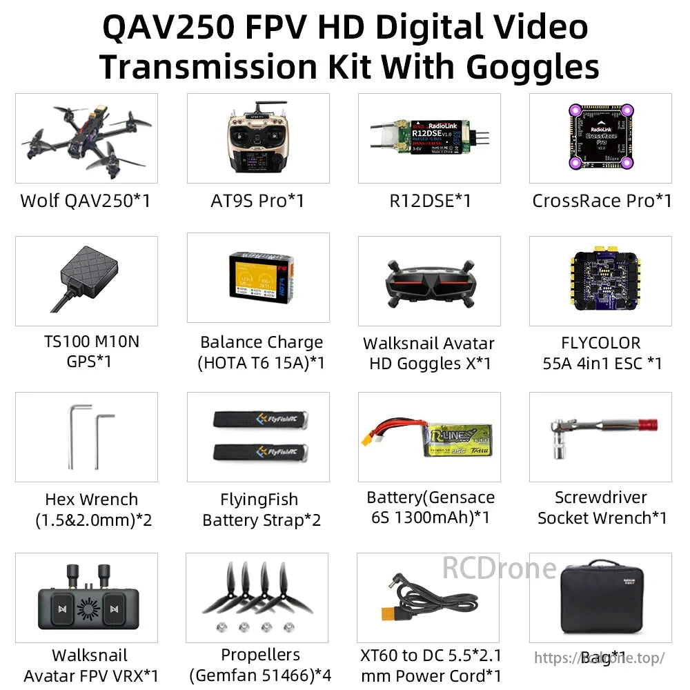 Radiolink Wolf QAV250 GPS FPV, The Wolf QAV250 GPS FPV Racing Drone kit includes essential components like the AT9S Pro, R12DSE, CrossRace Pro FC, GPS module, HD goggles, ESC, tools, battery, and accessories for racing.