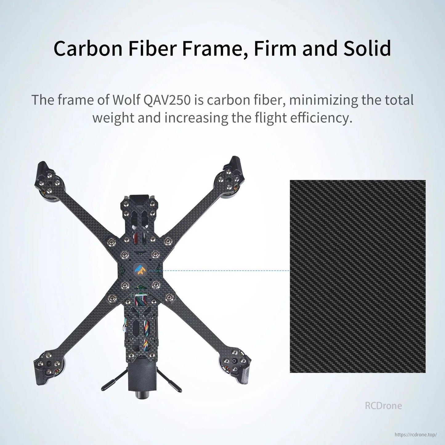Radiolink Wolf QAV250 GPS FPV, Carbon fiber frame for Wolf QAV250 drone: lightweight, strong, enhances flight efficiency.