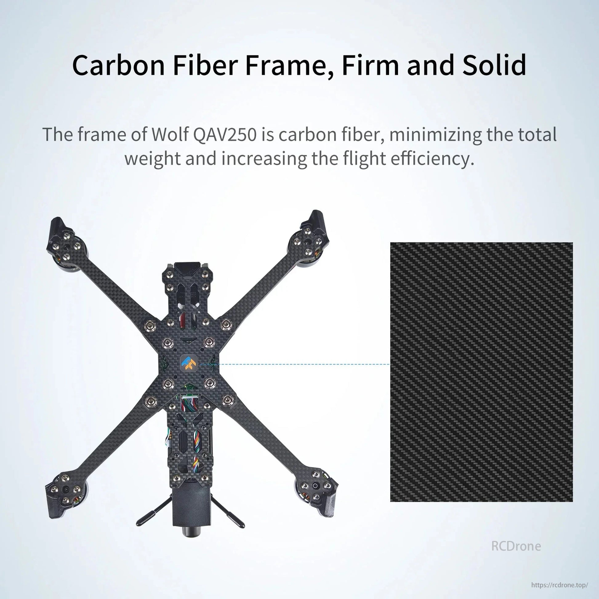 Radiolink Wolf QAV250 GPS FPV, Carbon fiber frame for Wolf QAV250 drone: lightweight, strong, enhances flight efficiency.