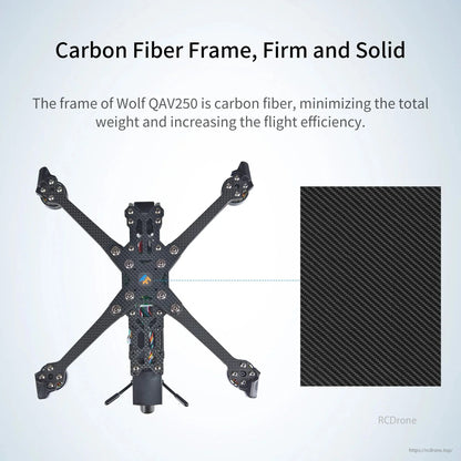 Radiolink Wolf QAV250 GPS FPV, Carbon fiber frame for Wolf QAV250 drone: lightweight, strong, enhances flight efficiency.