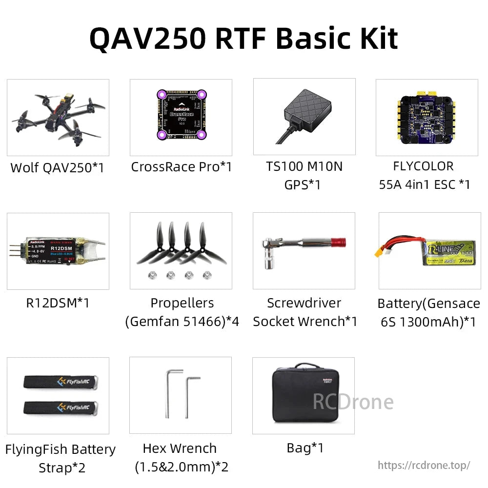 Radiolink Wolf QAV250 GPS FPV, The Wolf QAV250 RTF Basic Kit includes a drone, CrossRace Pro FC, GPS, ESC, receiver, propellers, tools, battery, straps, and a carrying bag.