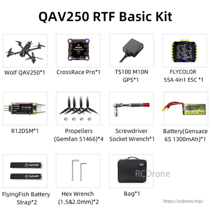 Radiolink Wolf QAV250 GPS FPV, The Wolf QAV250 RTF Basic Kit includes a drone, CrossRace Pro FC, GPS, ESC, receiver, propellers, tools, battery, straps, and a carrying bag.