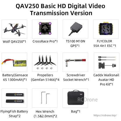 Radiolink Wolf QAV250 GPS FPV, The Wolf QAV250 GPS FPV drone kit includes a flight controller, GPS, ESC, battery, props, tools, camera, and carrying bag.