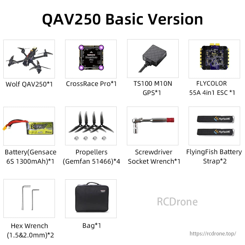 Radiolink Wolf QAV250 GPS FPV, The Wolf QAV250 GPS FPV Racing Drone kit includes essential components like FC, GPS, ESC, battery, props, tools, and a bag. It's ready for high-speed racing with PosHold mode.