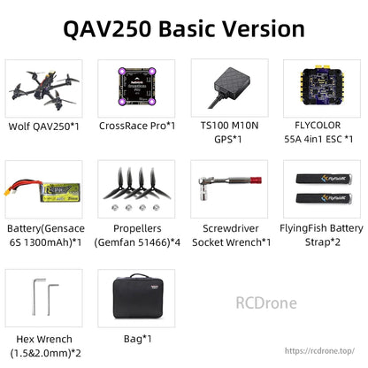 Radiolink Wolf QAV250 GPS FPV, The Wolf QAV250 GPS FPV Racing Drone kit includes essential components like FC, GPS, ESC, battery, props, tools, and a bag. It's ready for high-speed racing with PosHold mode.
