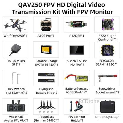 Radiolink Wolf QAV250 GPS FPV, The Wolf QAV250 GPS FPV Racing Drone kit includes a drone, remote, flight controller, GPS, monitor, ESC, battery, and various accessories.