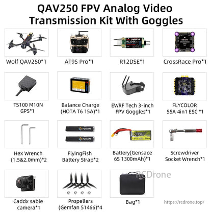 Radiolink Wolf QAV250 GPS FPV, The Wolf QAV250 GPS FPV drone kit includes a variety of components such as the AT9S Pro, R12DSE, CrossRace Pro FC, TS100 M10N GPS, balance charger, FPV goggles, FLYCOLOR ESC, hex wrenches, battery straps, Gensace battery, screwdriver, Caddx camera, propellers, and a bag.