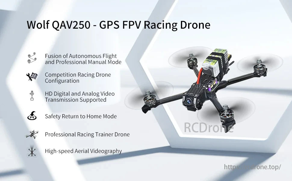 Radiolink Wolf QAV250 GPS FPV, Wolf QAV250 GPS FPV Racing Drone offers autonomous flight, HD video, safety return, and high-speed aerial videography.