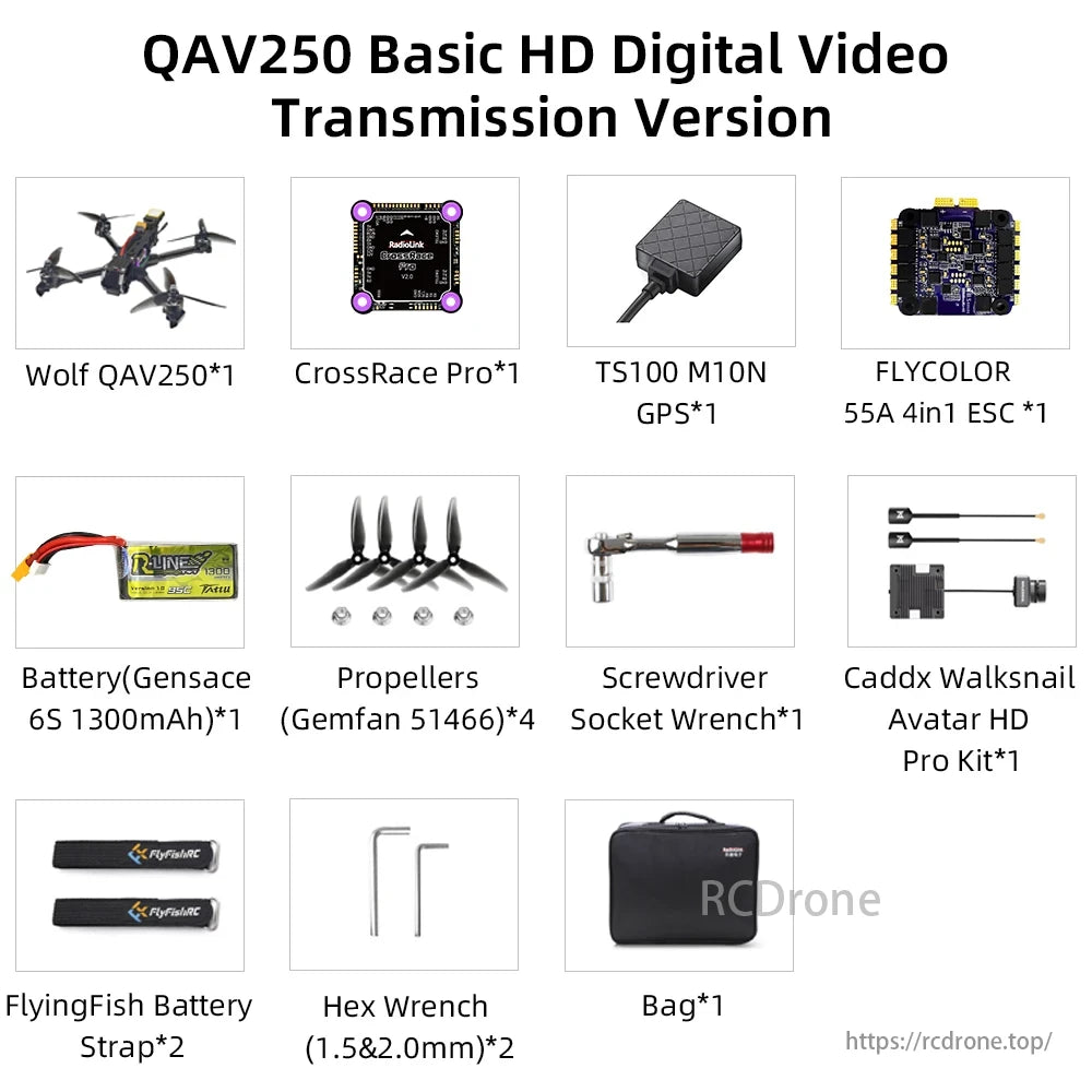 Radiolink Wolf QAV250 GPS FPV, The Wolf QAV250 kit includes a CrossRace Pro, GPS, ESC, battery, propellers, tools, HD camera, and accessories.