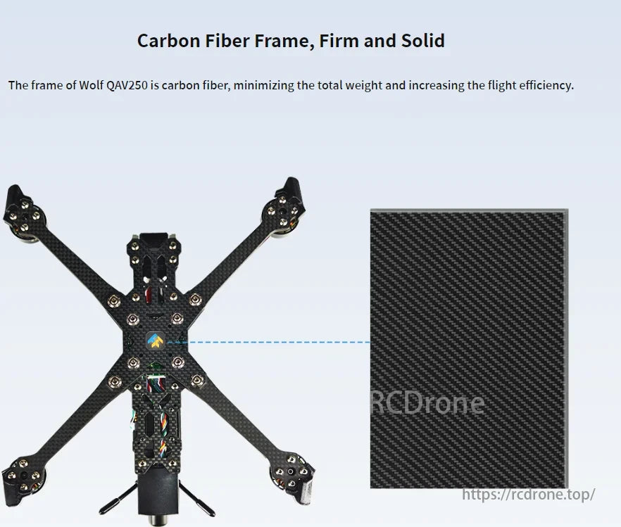 Radiolink Wolf QAV250 GPS FPV, The Wolf QAV250 drone features a carbon fiber frame for reduced weight and enhanced flight efficiency.