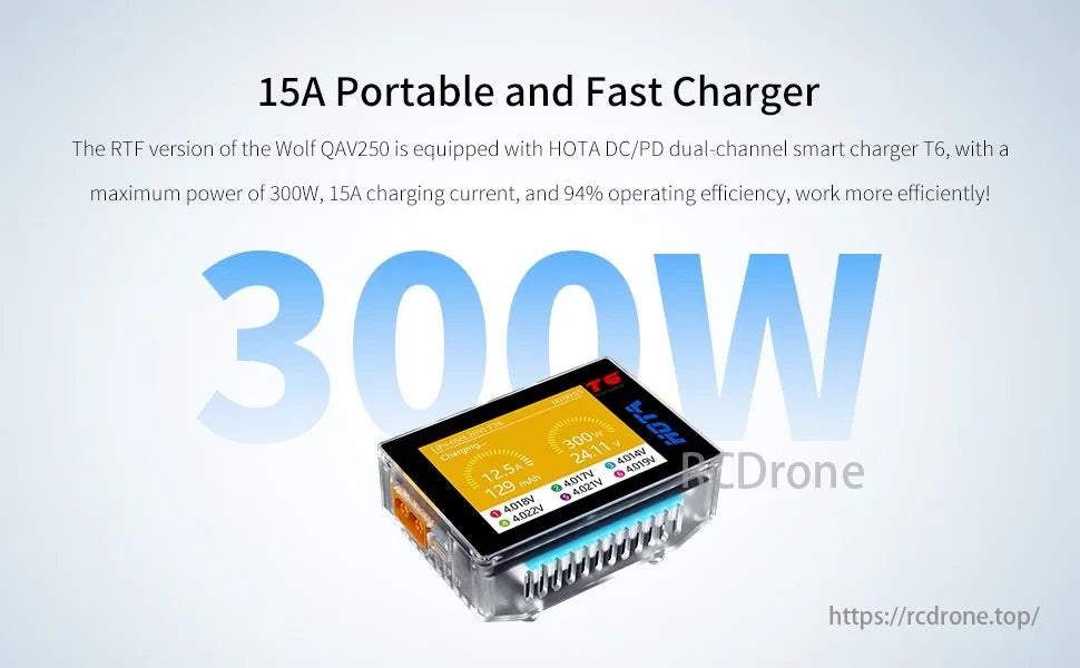 Radiolink Wolf QAV250 GPS FPV, Portable 15A Wolf QAV250 charger, HOTA T6 dual-channel DC/PD 300W, 94% efficiency, fast and efficient.