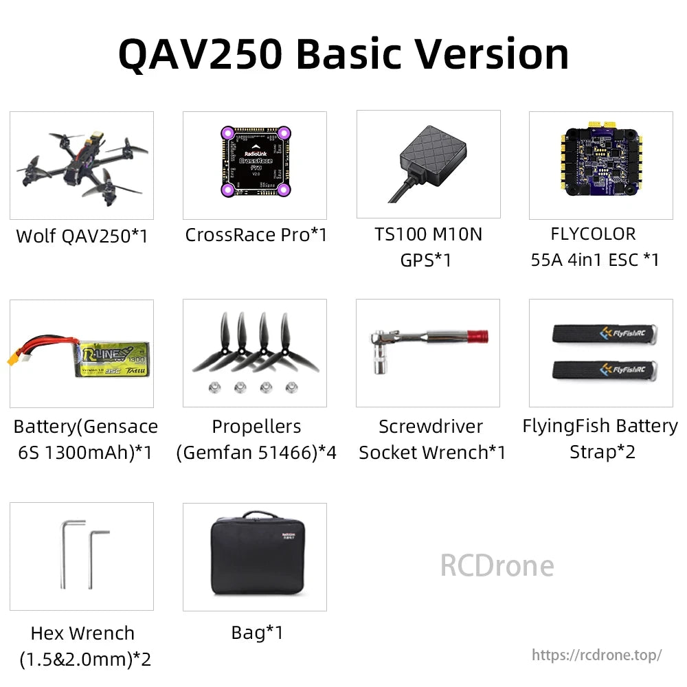 Radiolink Wolf QAV250 GPS FPV, The Wolf QAV250 Basic Version includes components like CrossRace Pro, GPS, ESC, battery, propellers, tools, and a bag.