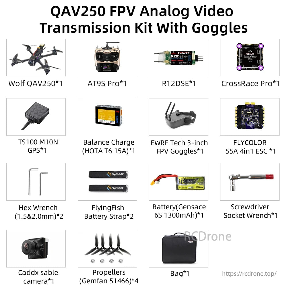 Radiolink Wolf QAV250 GPS FPV, The Wolf QAV250 FPV kit includes a drone, transmitter, receiver, GPS, charger, goggles, ESC, tools, battery, camera, props, and bag.