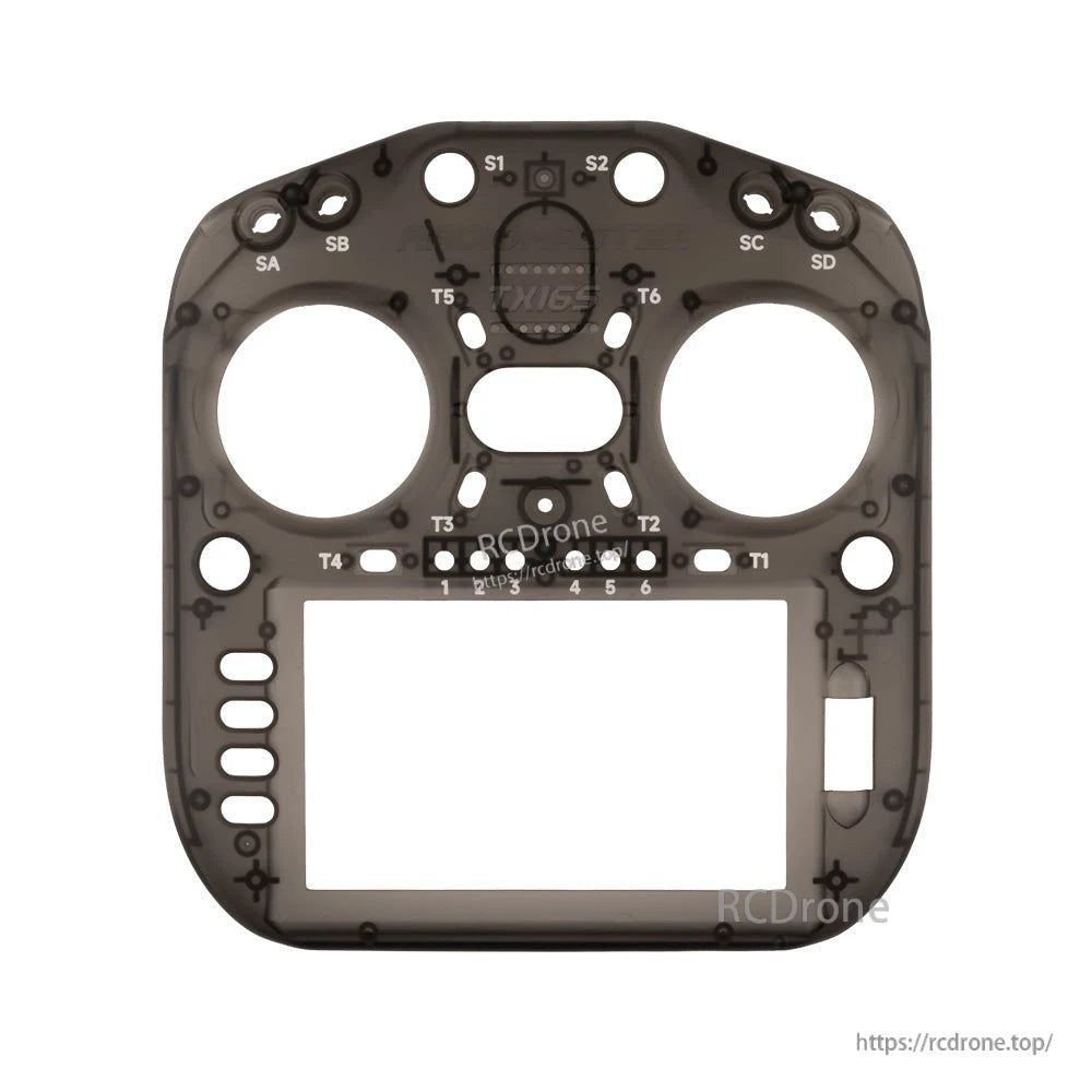 TX16S MK3 front case shell inside view, translucent smoke plastic showing molded supports and cutouts