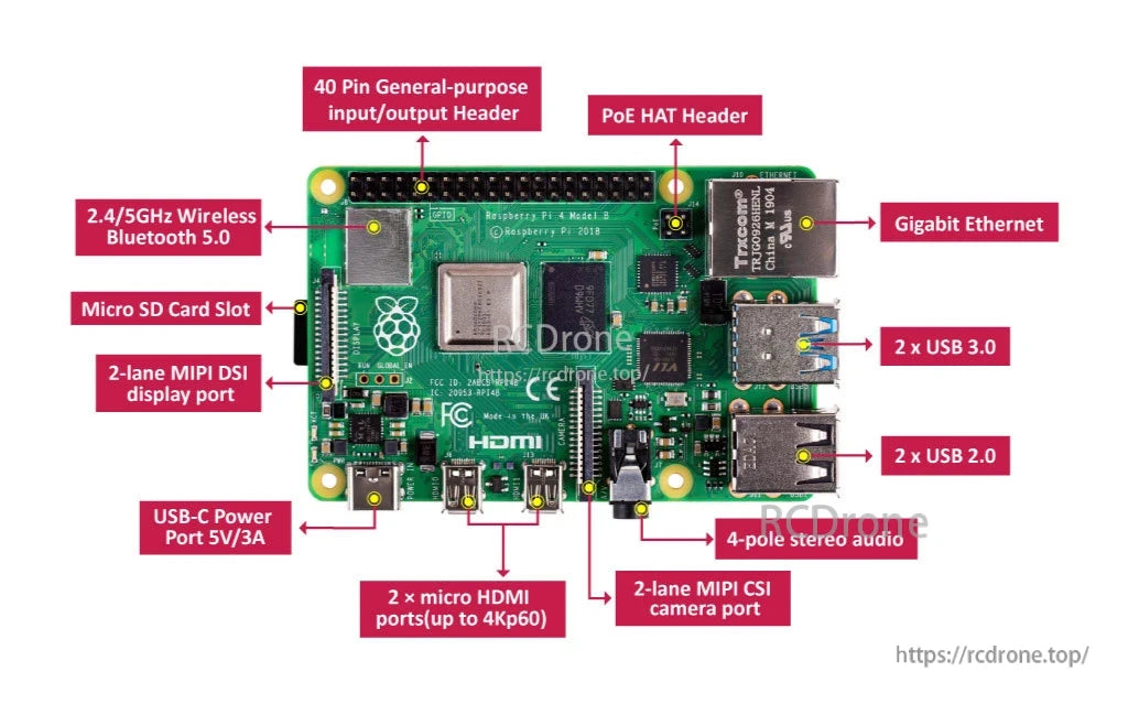 Raspberry Pi 4 Computer, The Raspberry Pi 4 has a 40-pin GPIO header, wireless, Bluetooth, Ethernet, micro SD slot, USB ports, MIPI DSI, and DisplayPort.