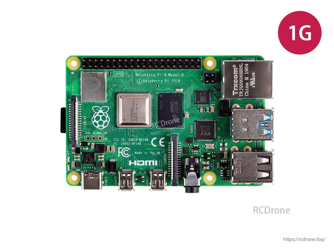 Raspberry Pi 4 Model B features 1GB RAM, 1.5GHz quad-core CPU, dual 4K HDMI, Gigabit Ethernet, USB 3.0, Wi-Fi, Bluetooth 5.0, UK-made, FCC/CE certified.