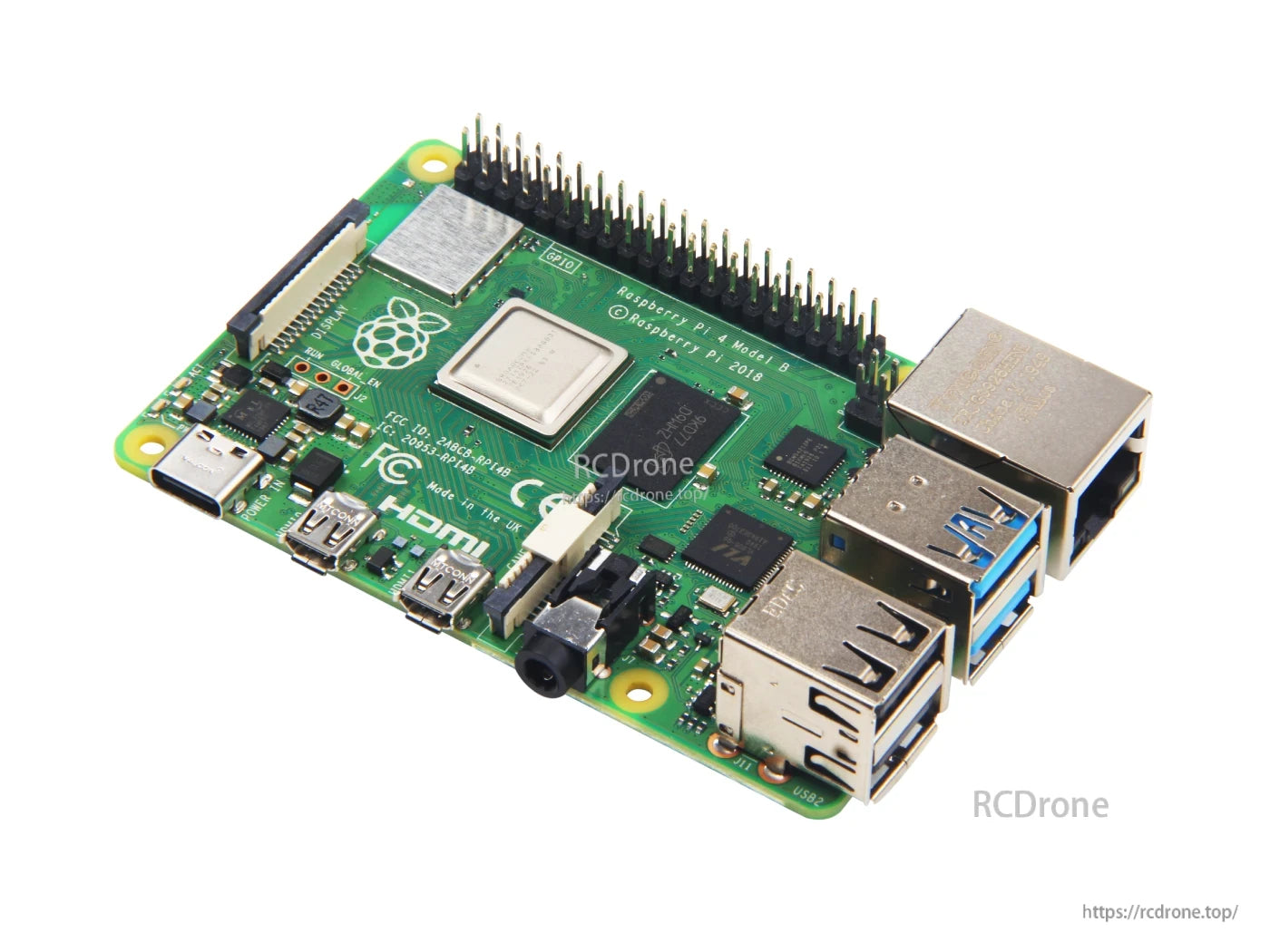 Raspberry Pi 4 Model B: 2GB RAM, 1.5GHz quad-core, dual 4K HDMI, Wi-Fi AC, Bluetooth 5.0, USB 3.0, GbE, GPIO, UK-made. FCC/IC certified.